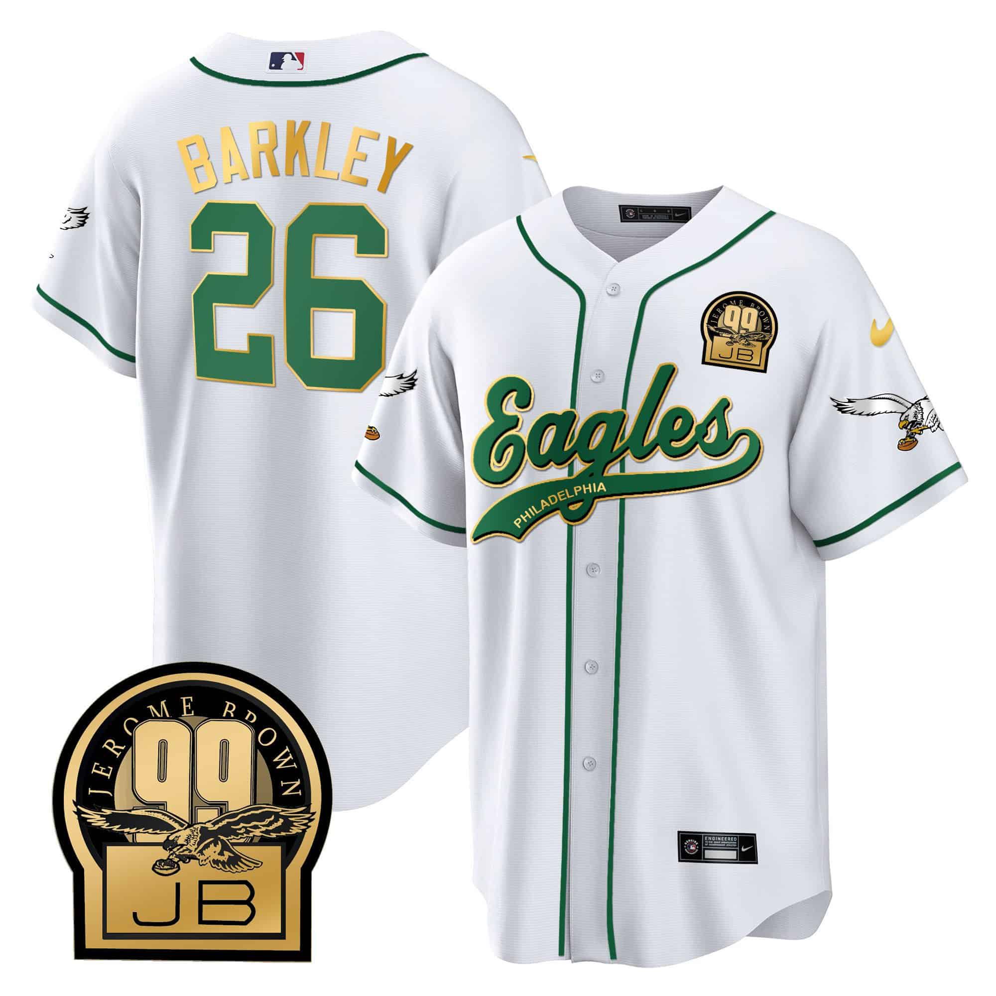 Men Philadelphia Eagles #26 Barkley White 2024 Nike Jerome Brown Retired Patch Baseball NFL Jersey style 1